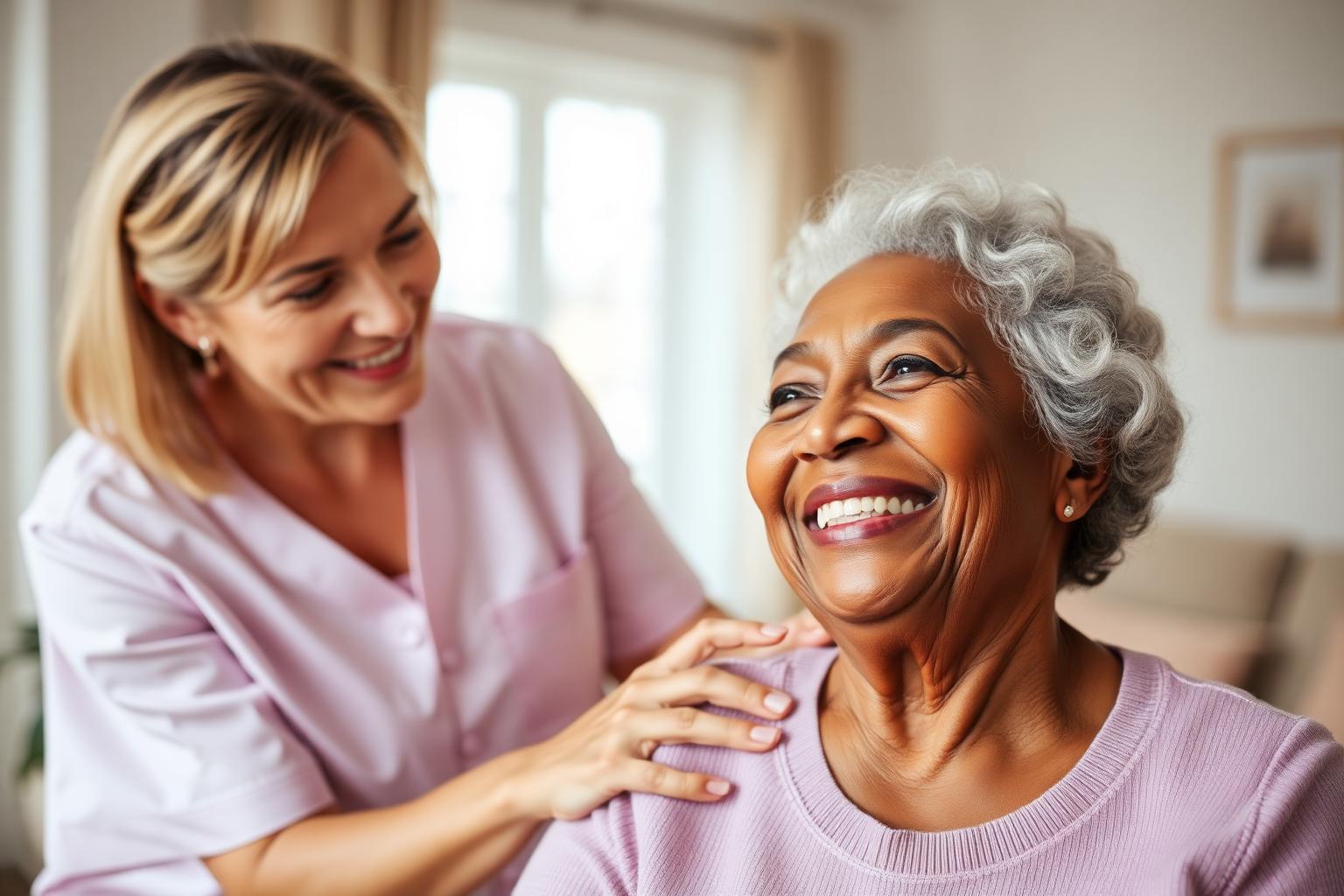Compassionate caregiver supporting an elderly client at home